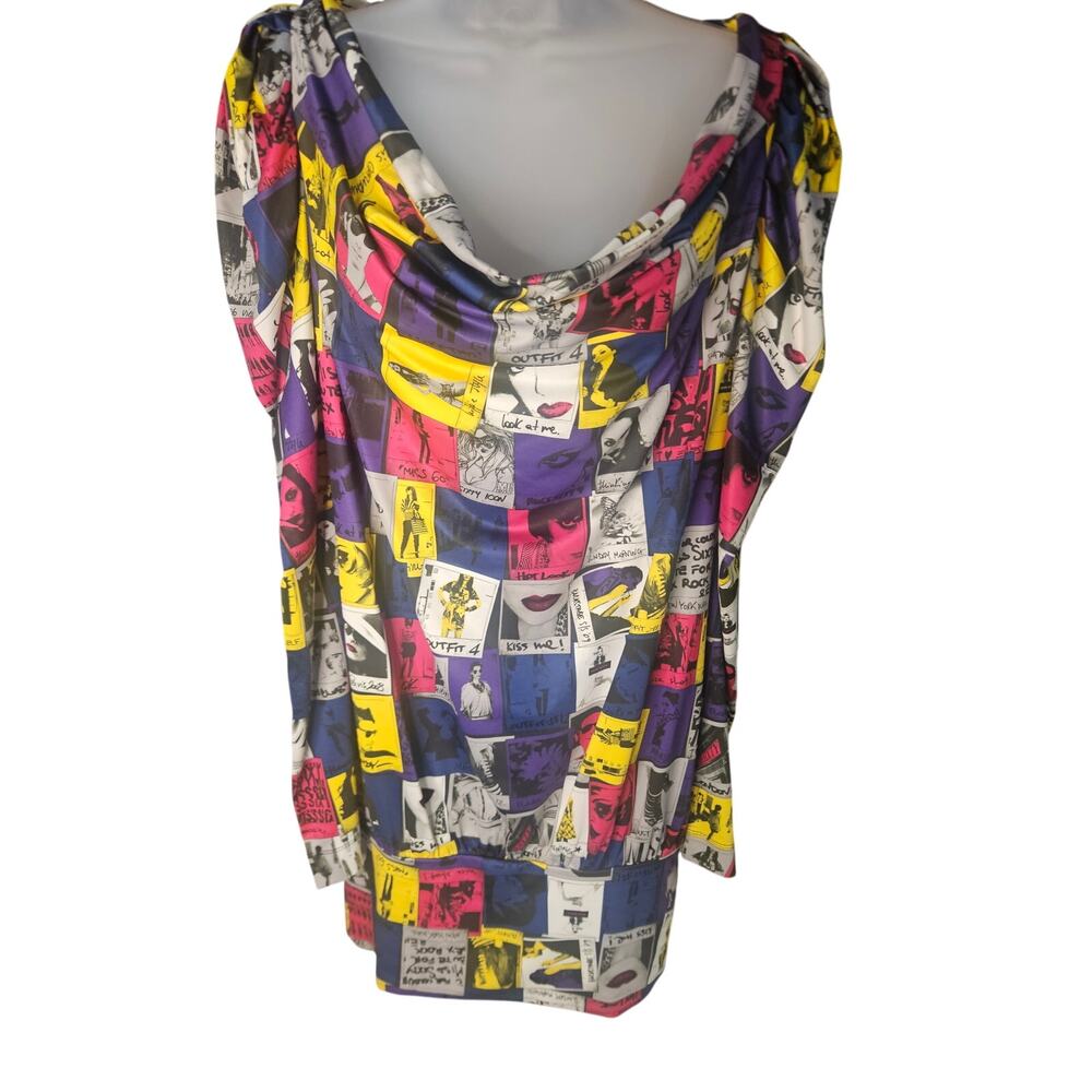 Miss Sixty Mini Dress Sz S Vintage Y2K Pop Art Cowl Neck Puff Sleeves NWT - Picture 3 of 10